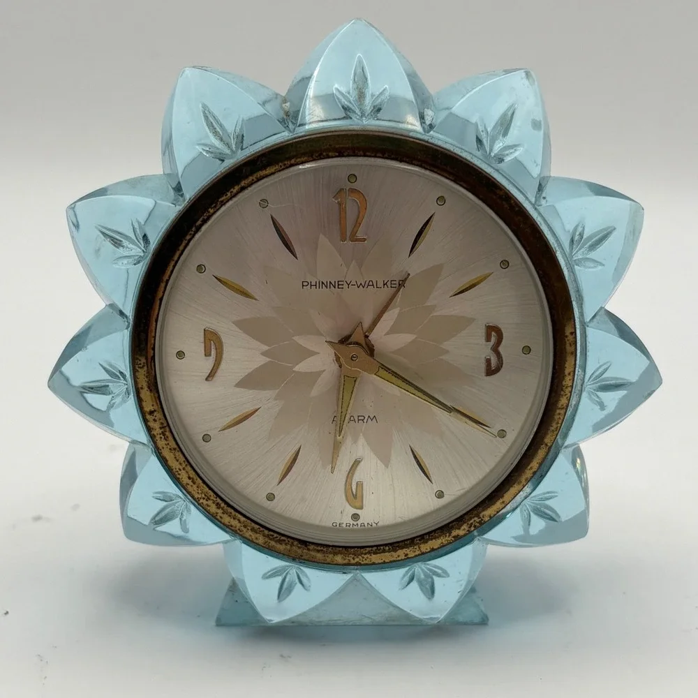 Vtg Phinney Walker Blue Lucite Alarm Clock MCM Flower Star Germany Parts Only